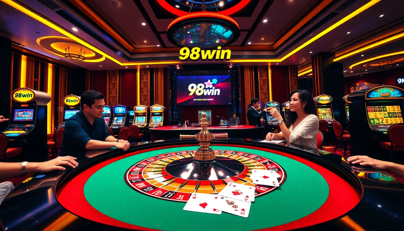 Players enjoying an exciting roulette game at 98win casino with vibrant decor and engaging atmosphere.