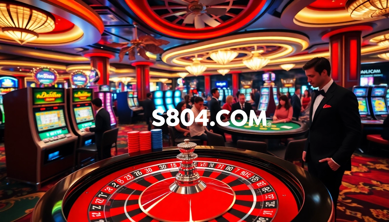 Players enjoying a thrilling casino scene at S804.COM with roulette and poker games.