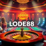 Players enjoying LODE88's vibrant online gambling, featuring a roulette wheel and poker table settings.