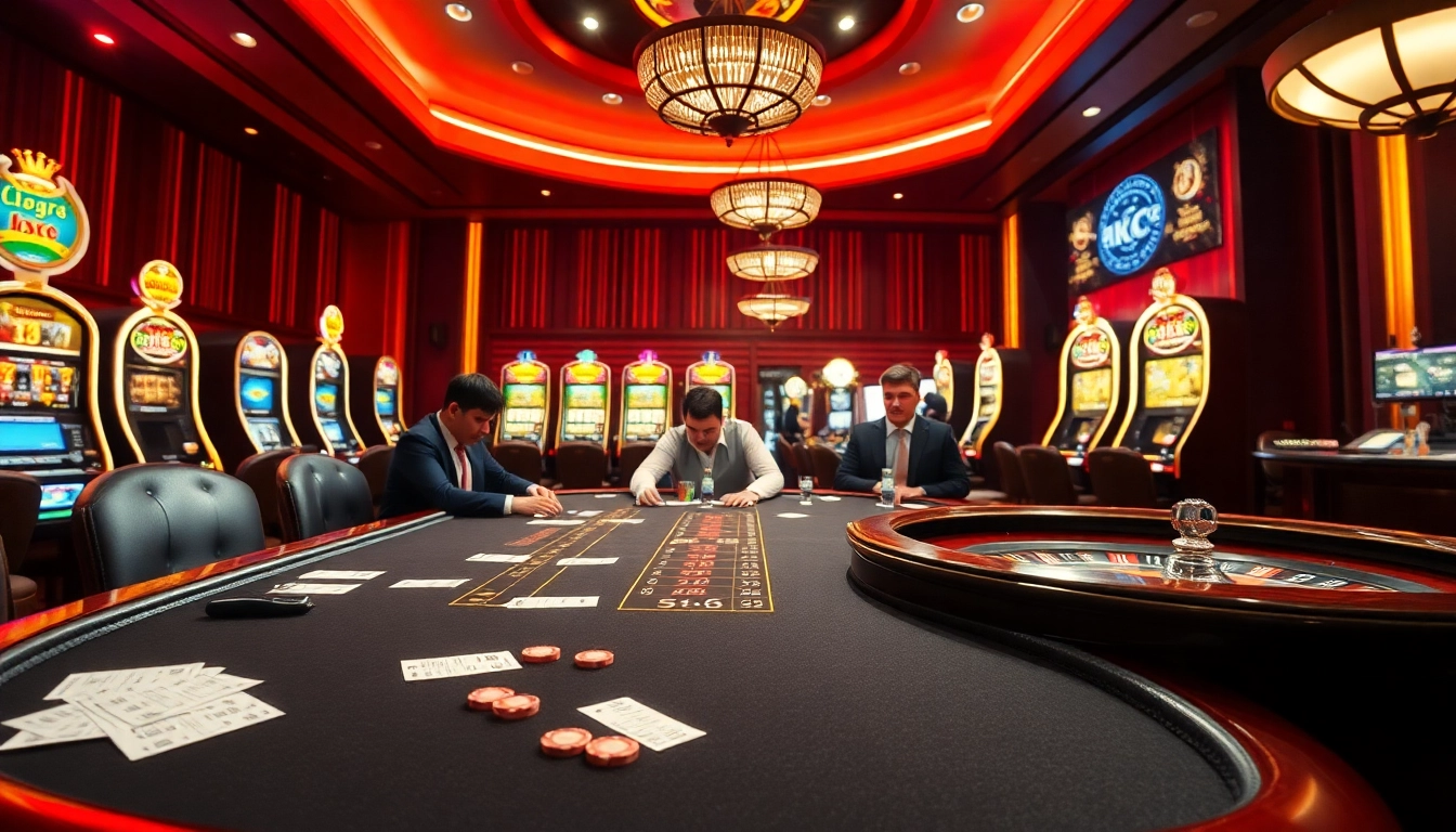 KJC players strategizing at an exhilarating poker table in a luxurious casino environment.