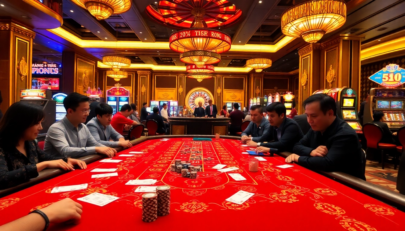 Excitement at Rồng Hổ 99WIN game table in a vibrant casino setting.