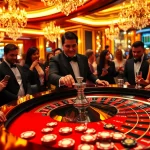 Gambling excitement at a roulette table featuring 55WW chips in a luxurious casino.