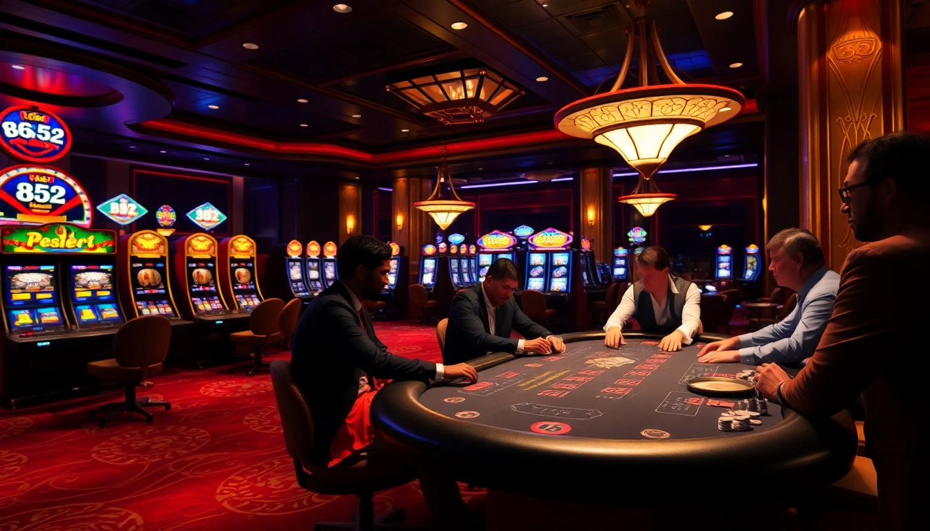 Players enjoying a high-stakes poker game at a luxurious B52-themed casino.