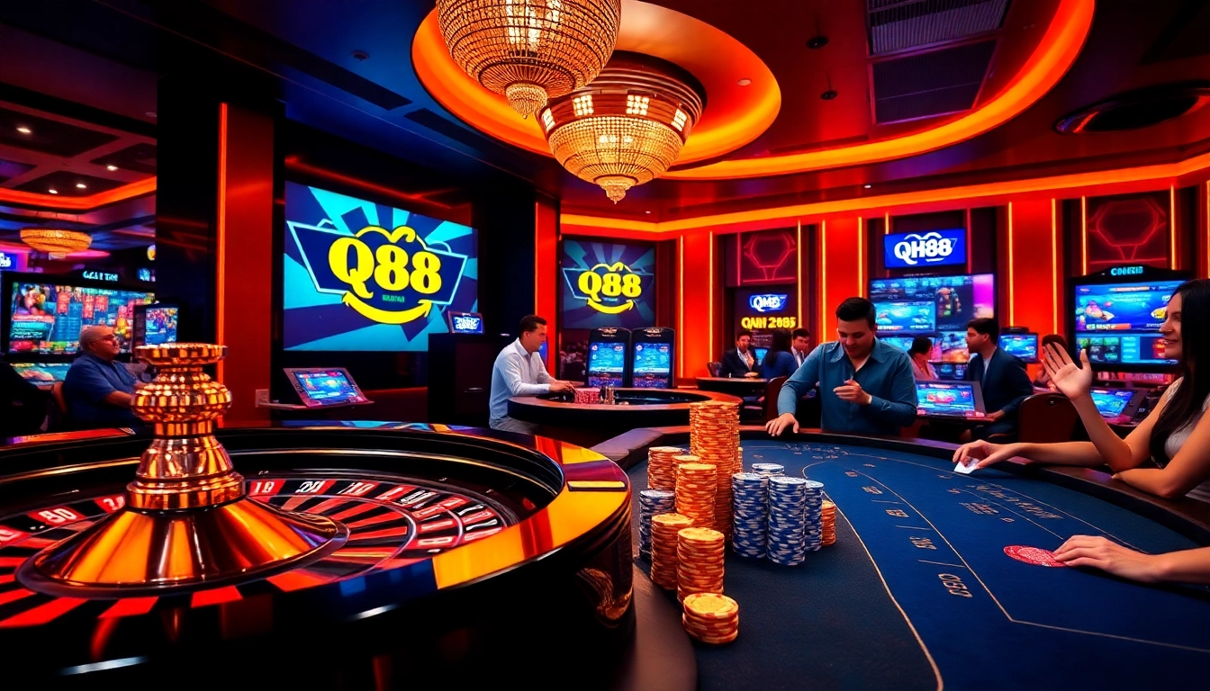 Experience thrilling betting action at QH88 online casino with poker chips and roulette.