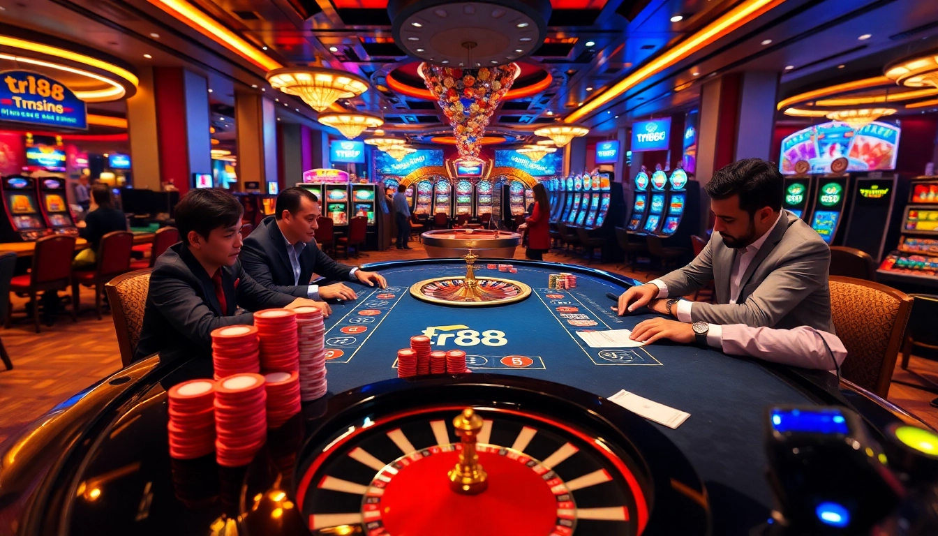 Exciting casino scene with poker action and tr88 betting elements highlighting professionalism.