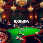Exciting game play at 888NEW casino with vibrant roulette wheels and poker tables.