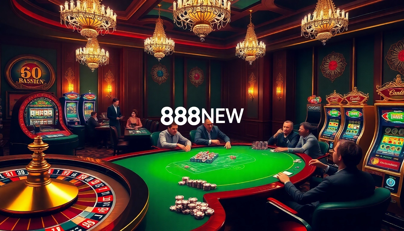 Exciting game play at 888NEW casino with vibrant roulette wheels and poker tables.