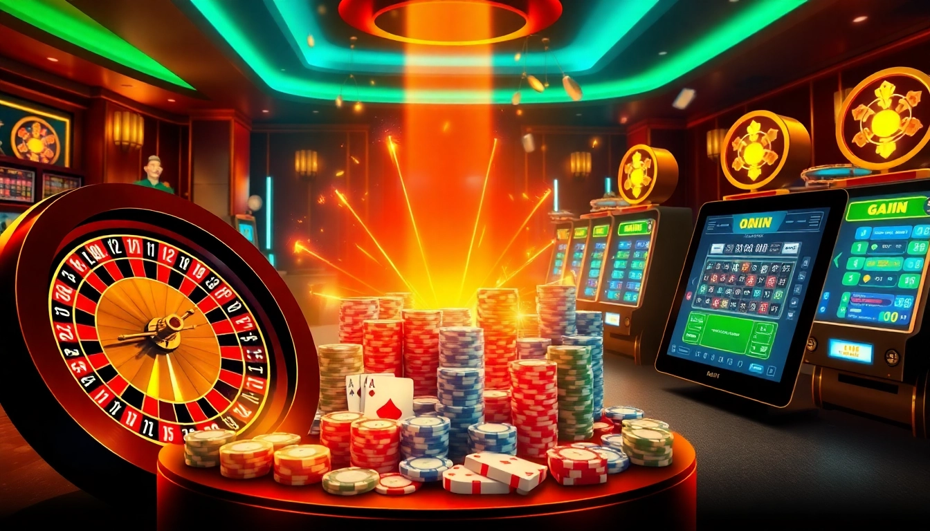 Betting excitement at https://mk8th.net/ with vibrant roulette wheels and poker chips.