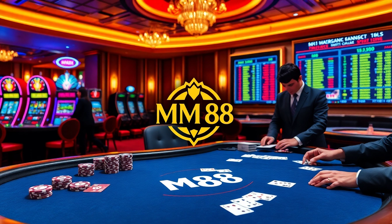 Experience the thrill of MM 88 gaming with dealers interacting at a vibrant casino table.