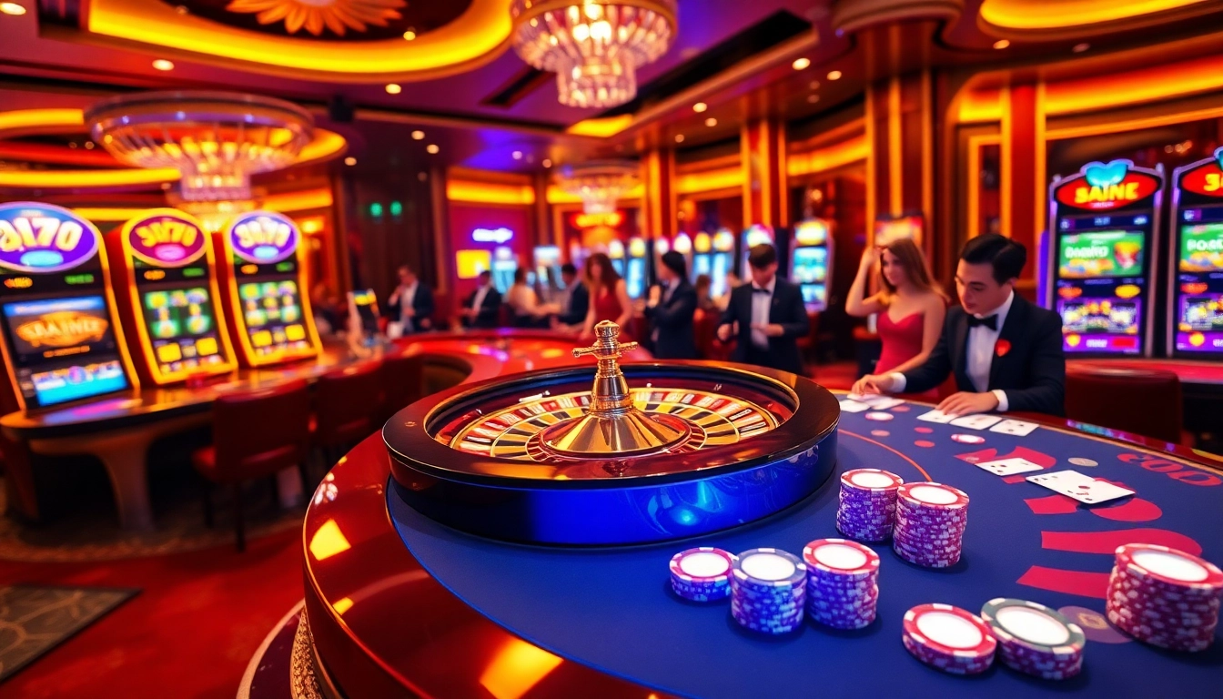 Experience the thrill of gambling with 5z777 in a luxurious casino setting featuring vibrant tables and neon lights.