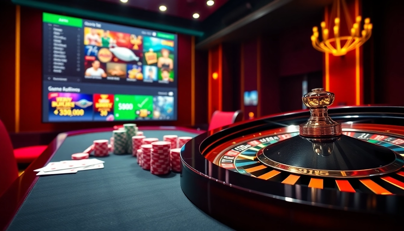 Exciting casino atmosphere with 33win poker chips, cards, and roulette wheel.