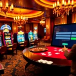 Register at a luxurious online casino while enjoying vibrant slot machines and a live roulette table.
