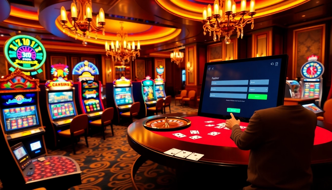 Register at a luxurious online casino while enjoying vibrant slot machines and a live roulette table.