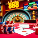 Gamblers experience the thrill of 888VND at a vibrant casino table, filled with chips and cards.
