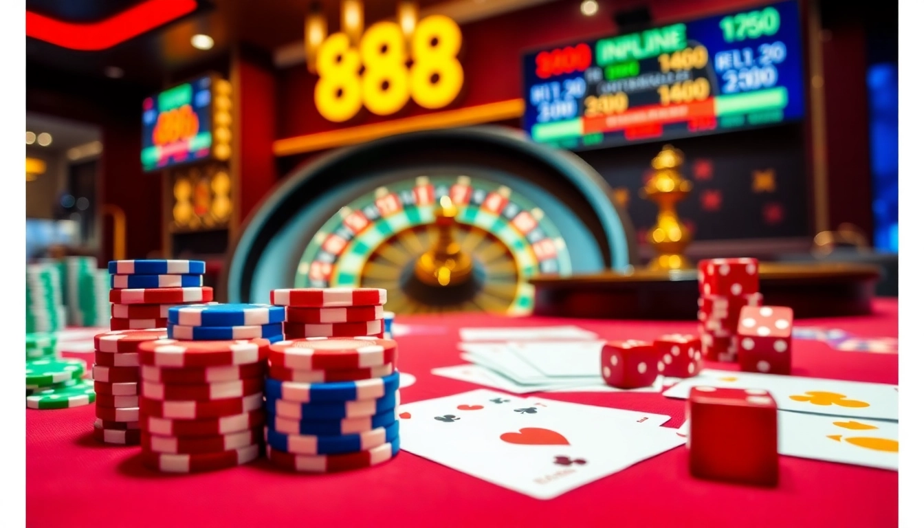 Gamblers experience the thrill of 888VND at a vibrant casino table, filled with chips and cards.