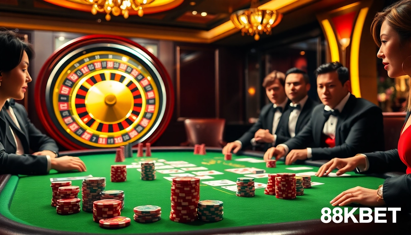 Engaged players enjoying a thrilling poker game at 8KBET casino, showcasing vibrant chips and cards.