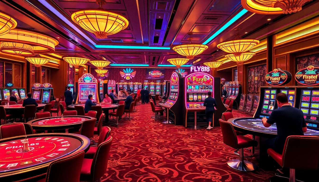 FLY88 casino scene showcasing players engaging in exciting games like poker and blackjack in a luxurious atmosphere.