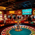 Experience the excitement of uu88 as players engage with a luxurious casino scene filled with poker and roulette.