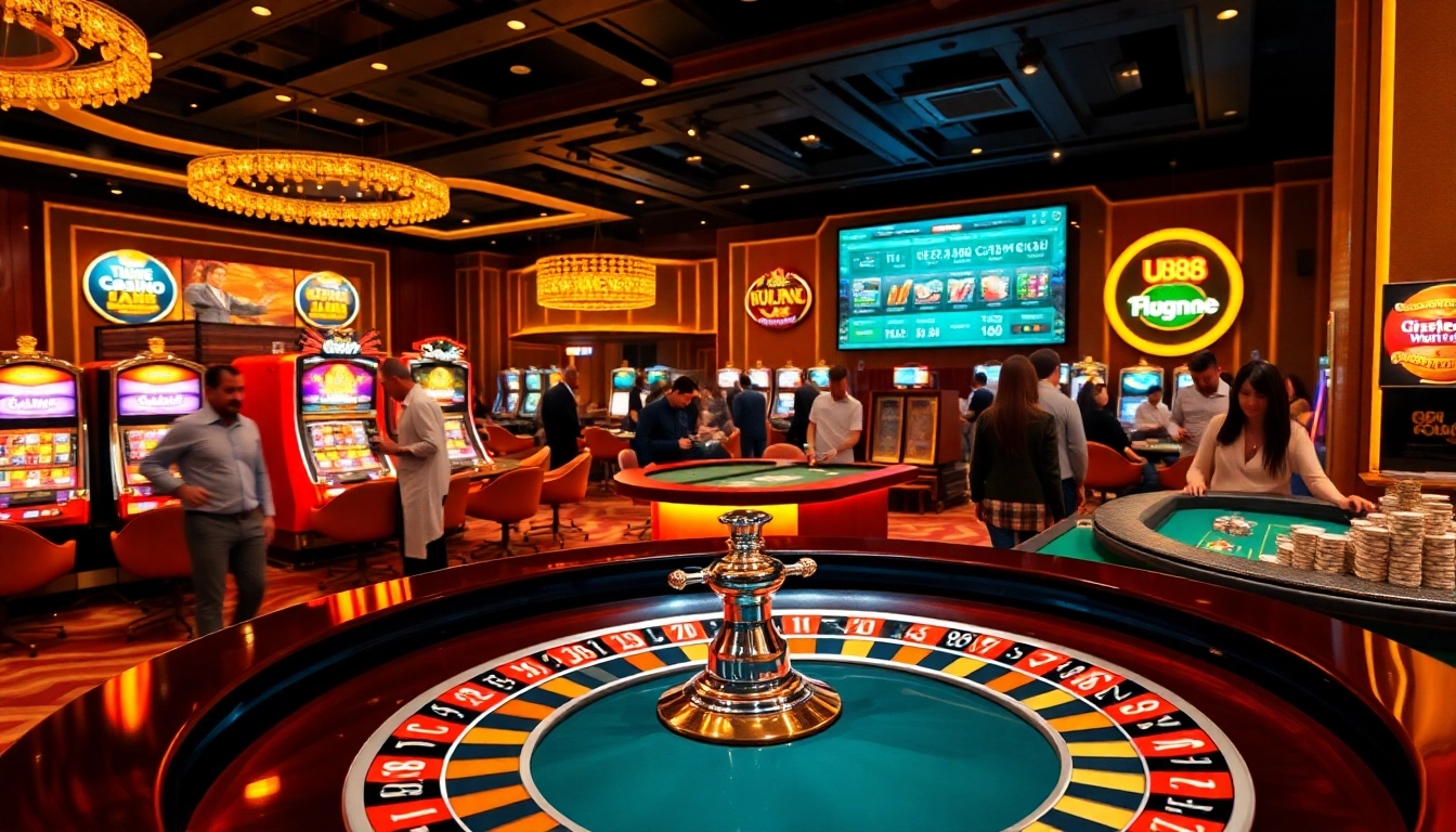 Experience the excitement of uu88 as players engage with a luxurious casino scene filled with poker and roulette.