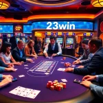 Engaging poker game at 23win casino with vibrant chips and professional dealer.