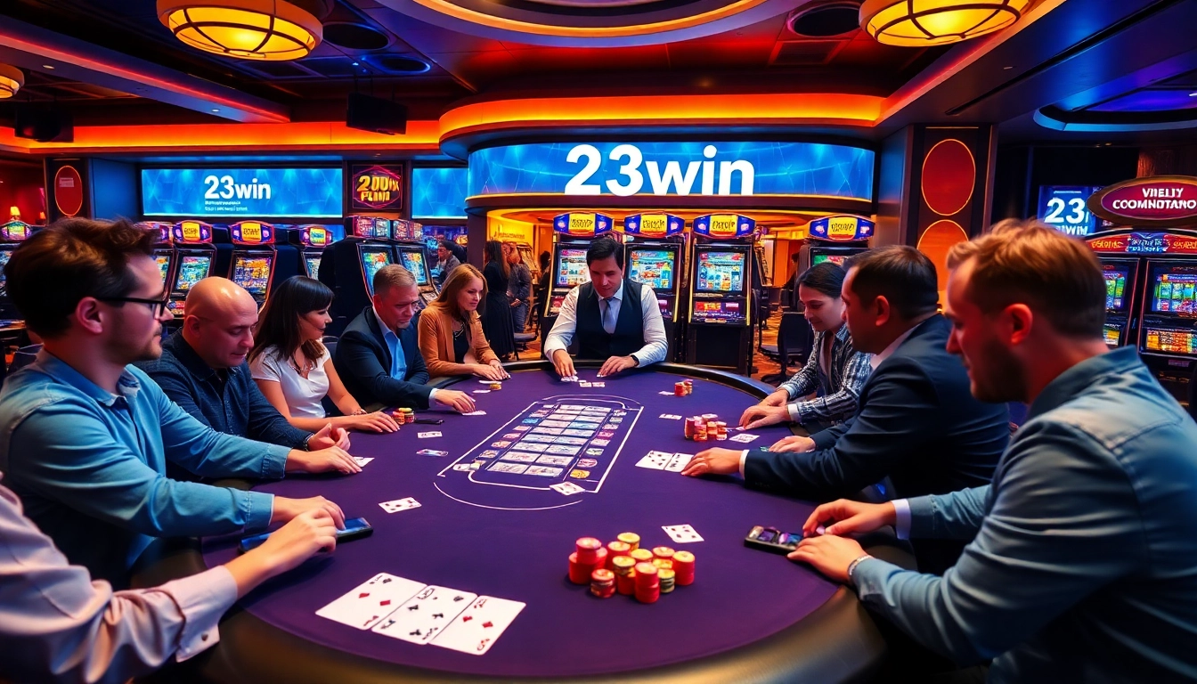 Engaging poker game at 23win casino with vibrant chips and professional dealer.