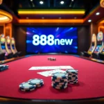 Engaging players at 888new poker table with vibrant casino atmosphere and colorful slot machines.