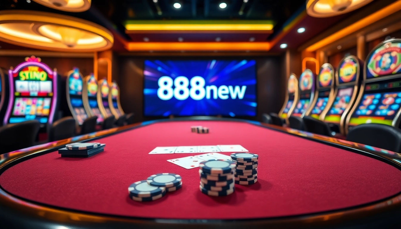 Engaging players at 888new poker table with vibrant casino atmosphere and colorful slot machines.