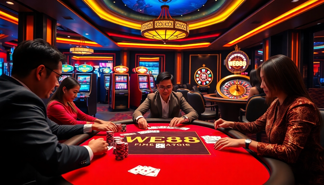 Experience the excitement of WE88 with players enjoying high-stakes poker at a luxurious casino table.