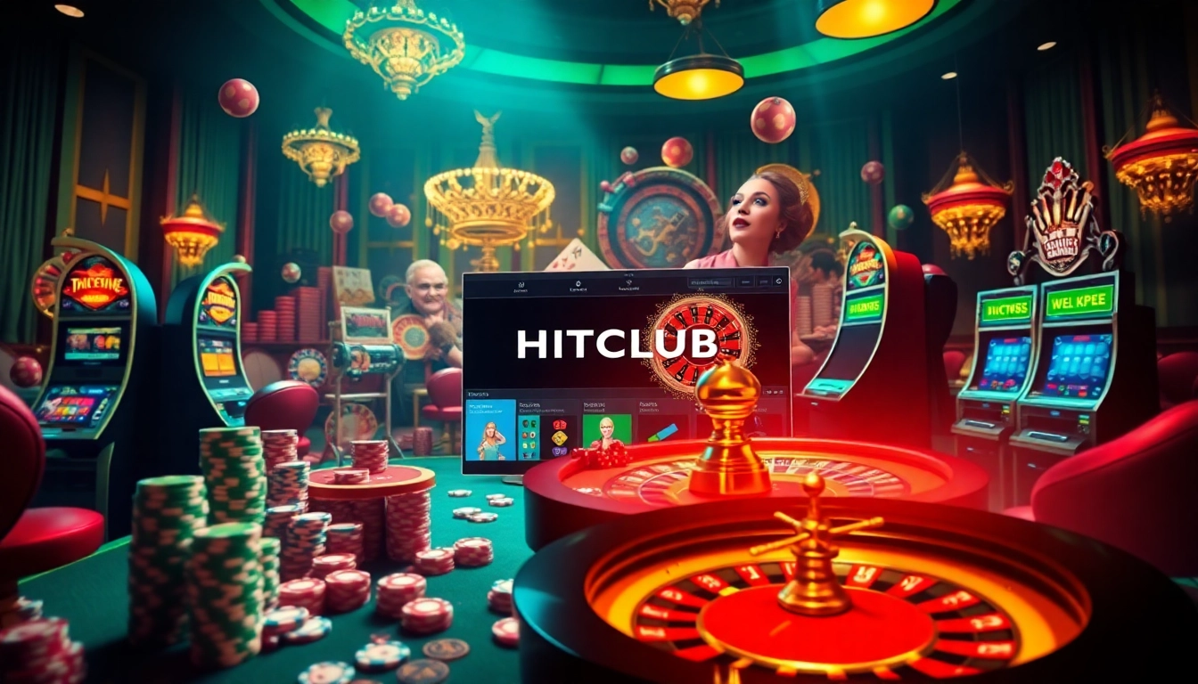 Experience the thrill of winning at HITCLUB's vibrant online gaming platform, featuring dynamic poker chips and roulette wheels.