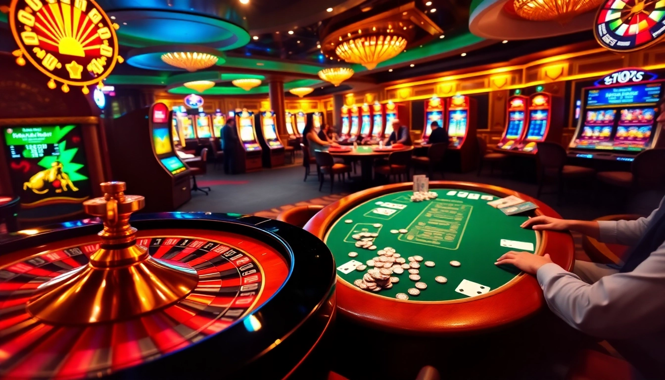 Players engaging in vibrant casino activities at thabethome com, featuring roulette wheels and poker tables.