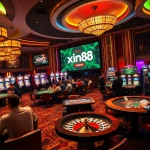 Engaged players enjoying high-stakes games at xin88, with vibrant slot machines and poker tables.