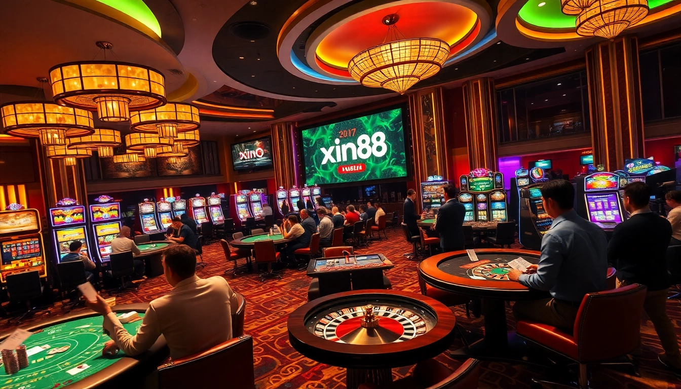 Engaged players enjoying high-stakes games at xin88, with vibrant slot machines and poker tables.