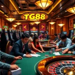 Players enjoying the luck of the TG88 casino scene, surrounded by vibrant slot machines and poker action.