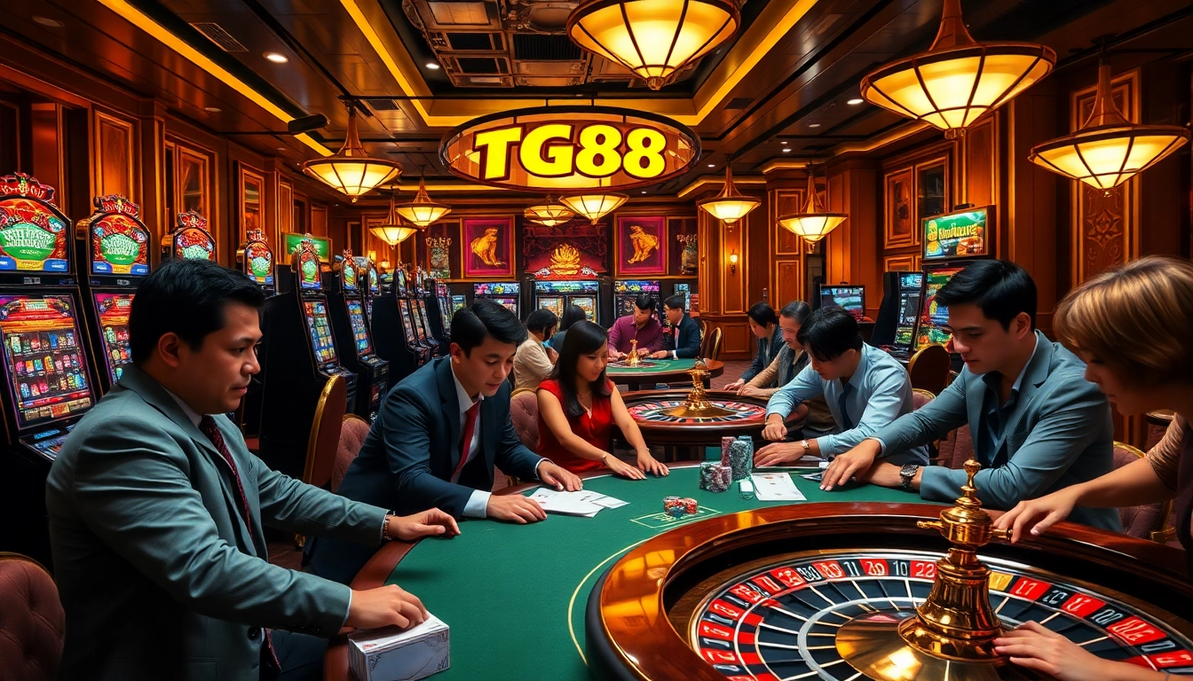 Players enjoying the luck of the TG88 casino scene, surrounded by vibrant slot machines and poker action.