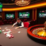 Engage with FLY88 poker players at a vibrant, luxurious casino table showcasing high-stakes action.
