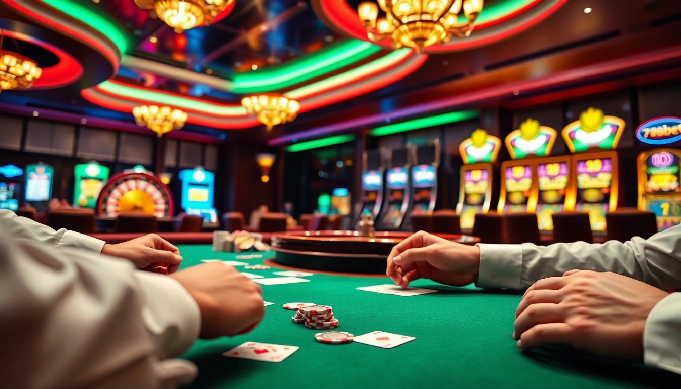 A dynamic poker scene at a 789bet casino with players at a table, vibrant chips and cards visible, showcasing the thrill of gambling.