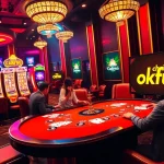 Playing okfun at a lively casino table with vibrant lights and colorful slot machines.