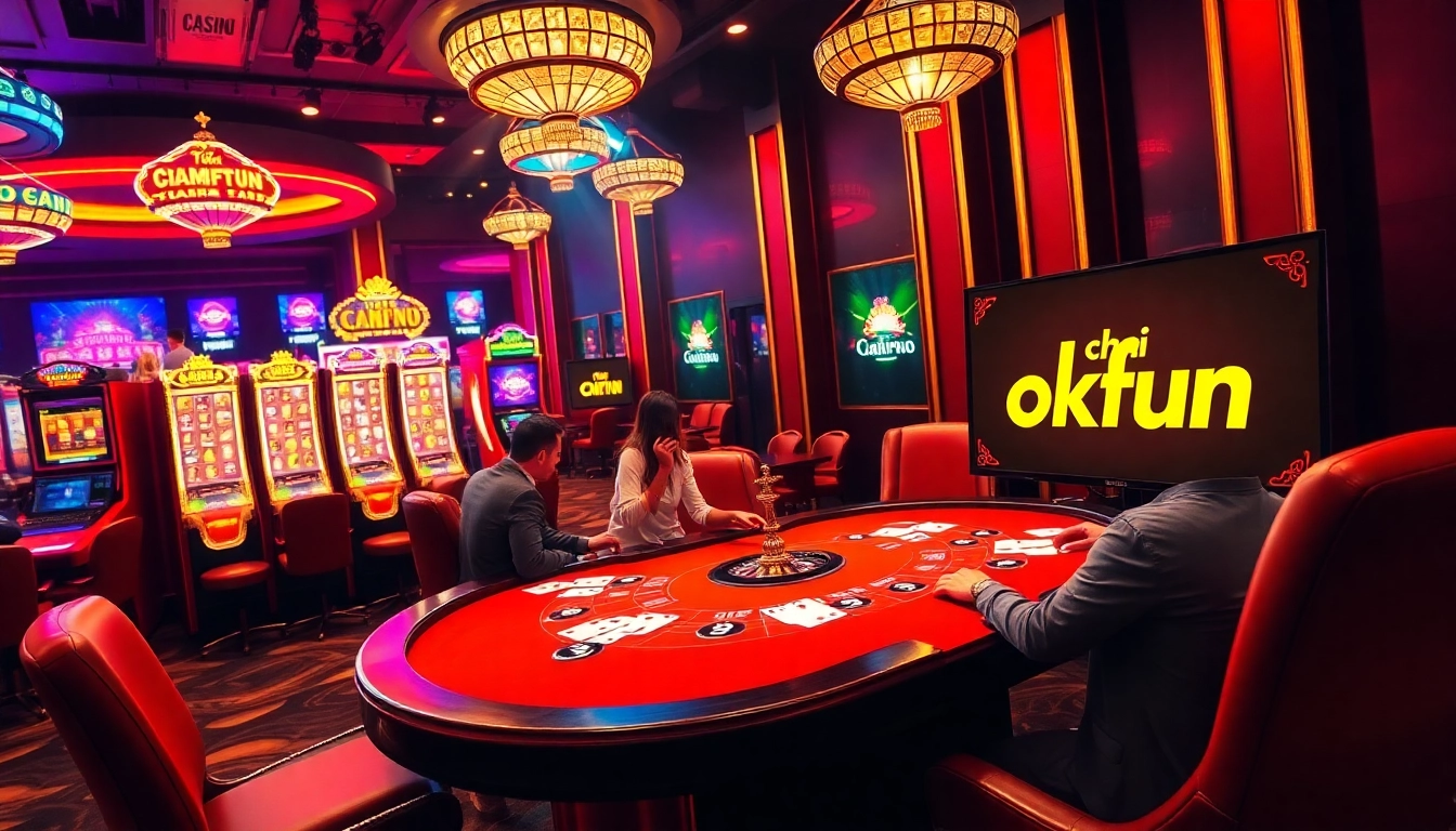 Playing okfun at a lively casino table with vibrant lights and colorful slot machines.