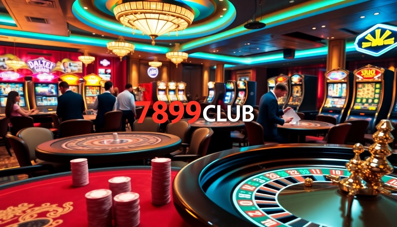 Players enjoying the excitement at 789CLUB casino with vibrant tables and slot machines.