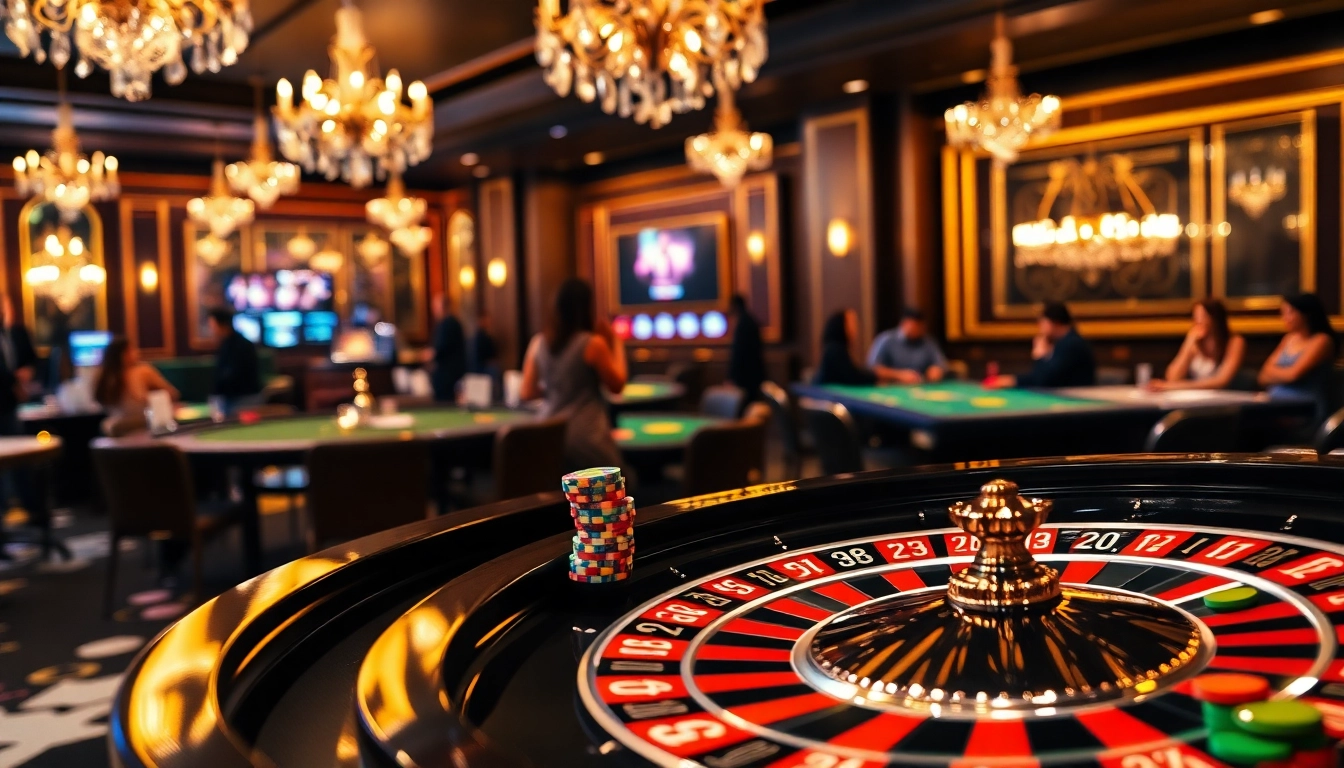 Engaging casino scene with BDTK66 themes showcasing a roulette wheel and players immersed in high-stakes games.