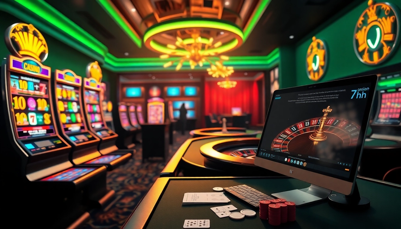 Experience the thrill of 7hh online casino with vibrant slot machines and an exciting roulette wheel.