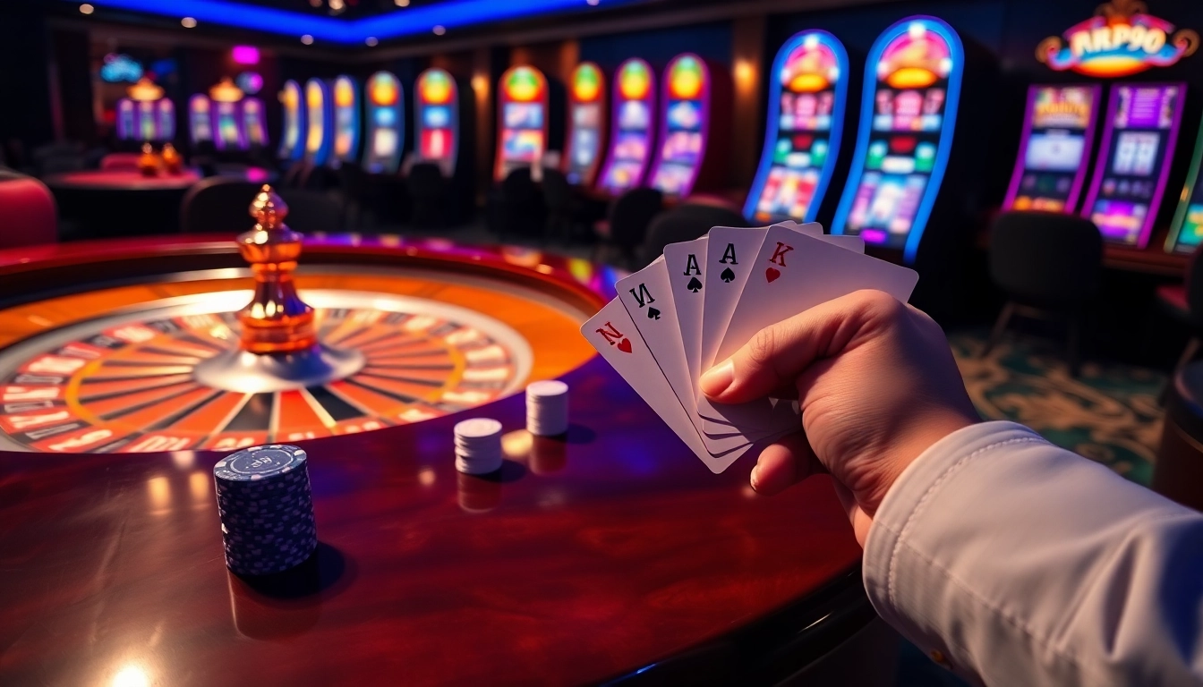 Experience the excitement of rr99 at a luxurious casino with roulette, poker, and slot machines.