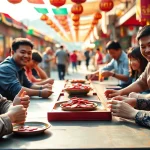 Xóc đĩa game scene showcasing players engaged in a colorful outdoor Vietnamese market.