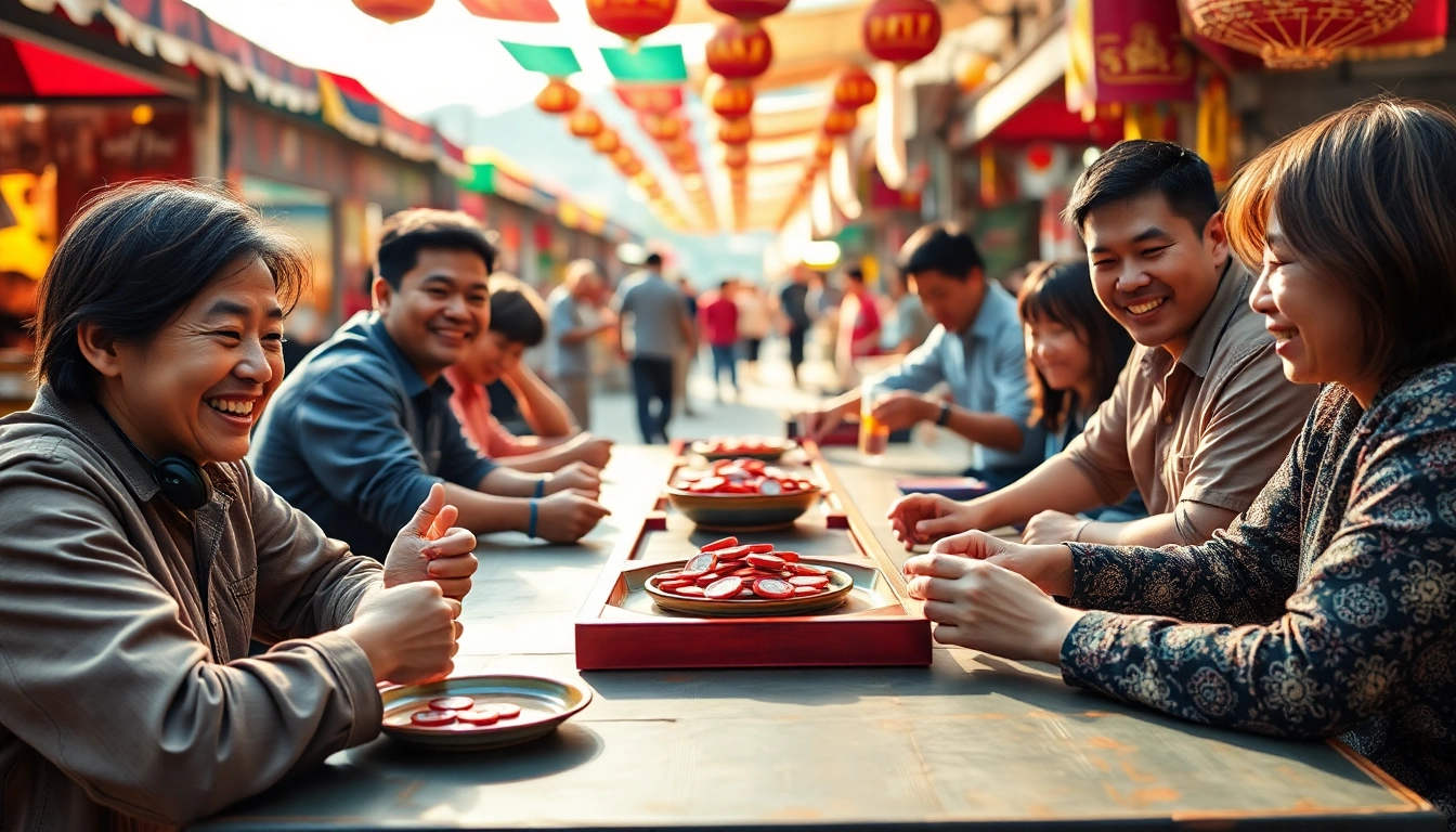 Xóc đĩa game scene showcasing players engaged in a colorful outdoor Vietnamese market.