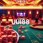 Experience thrilling poker action at UU88 with vibrant chips and an elegant casino backdrop.