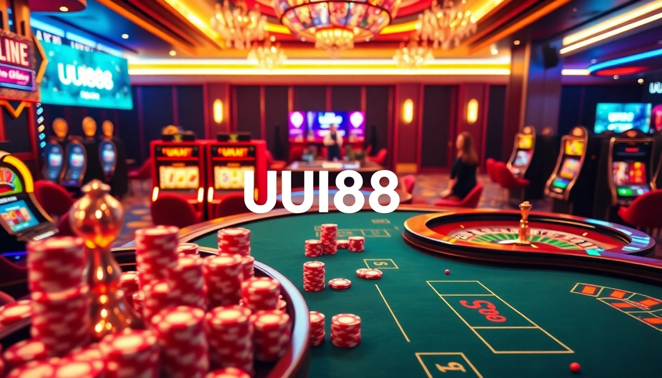 Experience thrilling poker action at UU88 with vibrant chips and an elegant casino backdrop.