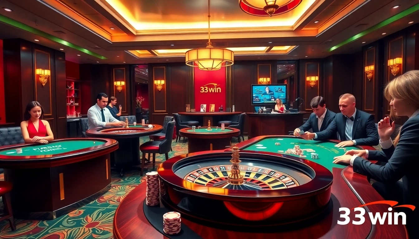 Players engaging in high-stakes poker at 33win's luxurious casino, showcasing intense gameplay.