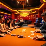 Players enjoying an exciting poker game in a luxurious casino with b52-themed decor.