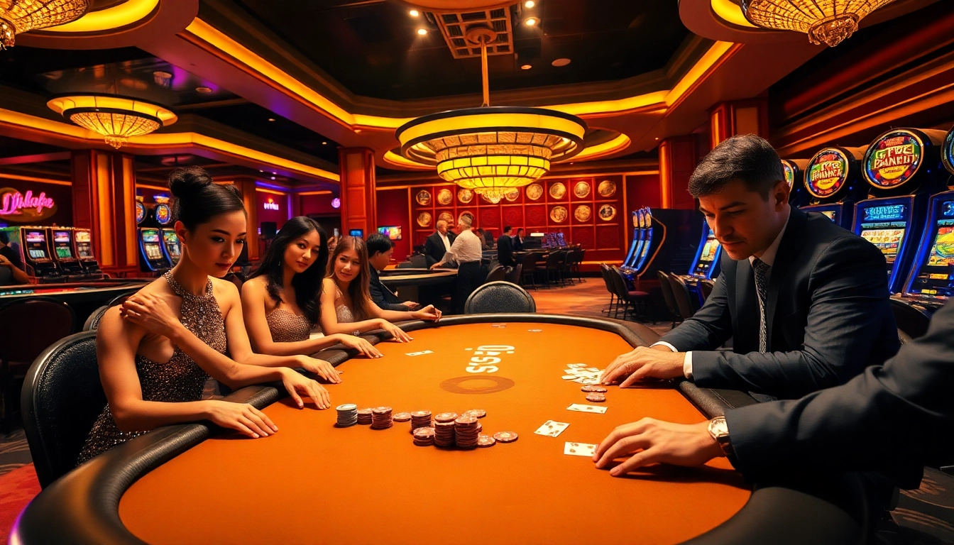 Players enjoying an exciting poker game in a luxurious casino with b52-themed decor.