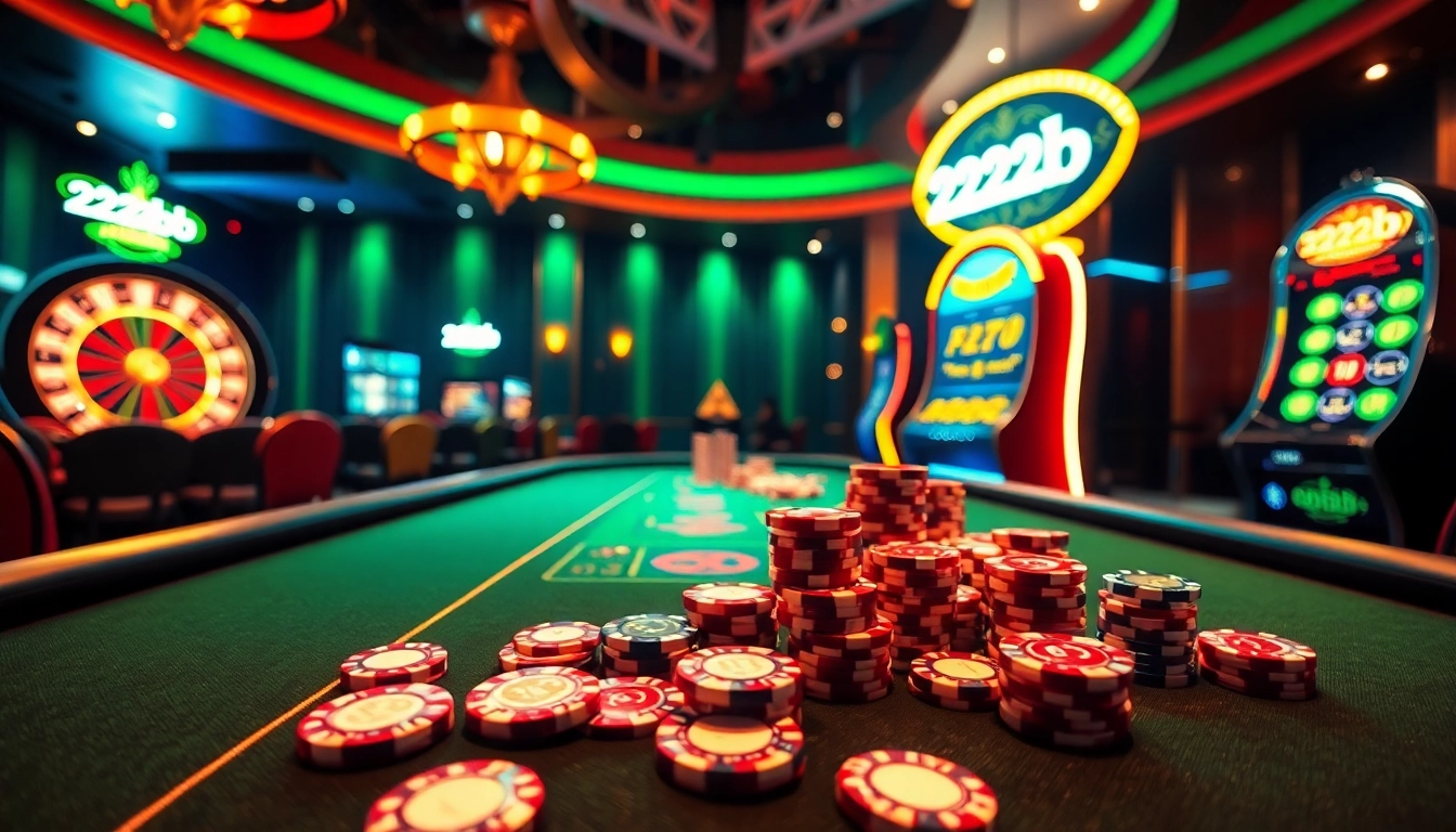 Engaging scene of a high-stakes game at the casino featuring poker chips and 222bd branding.